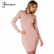 Yanueun 2017 Fashion Women Sweater Full Sleeve Solid Lace Up Dress Slim Casual O Neck Winter Knitted Mini Dress For Ladies