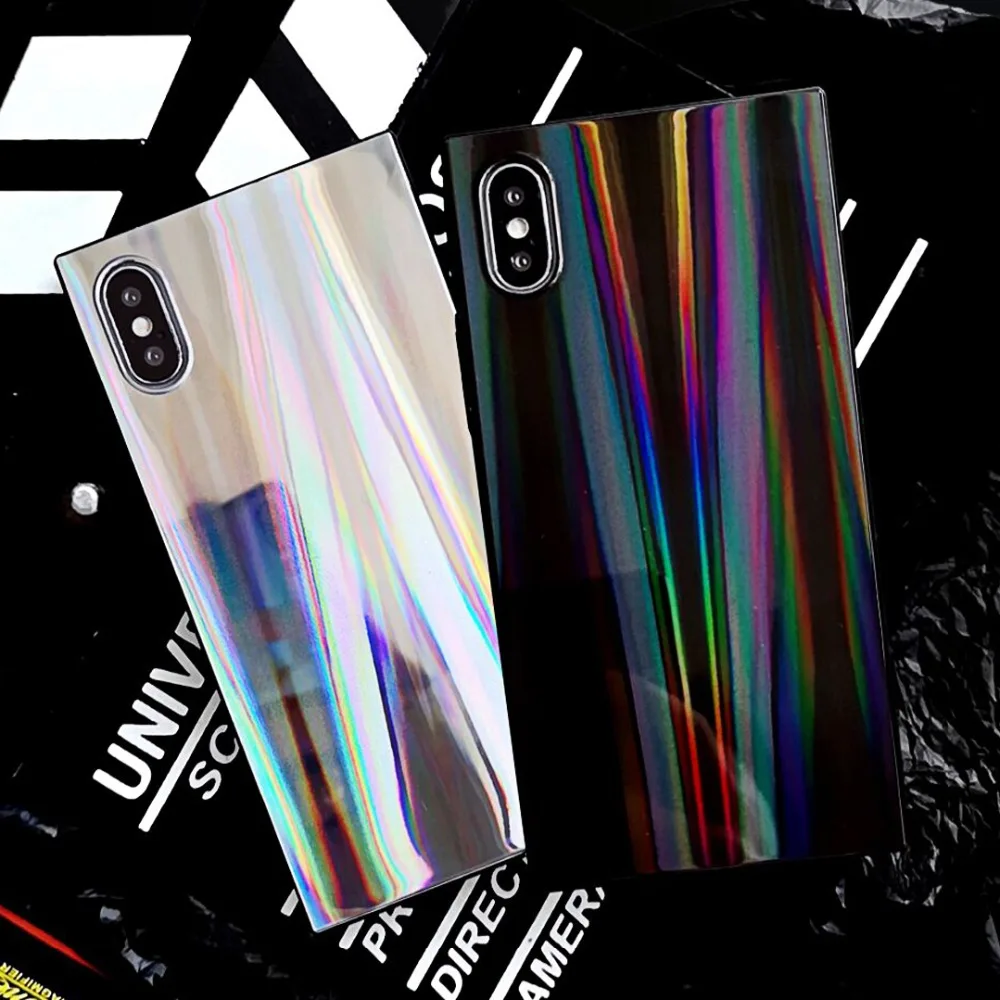 

LOVECOM Holographic Square Shockproof Phone Case For iPhone X XS Max 7 8 6S Plus Soft IMD Full Body Phone Back Cover Phone Shell