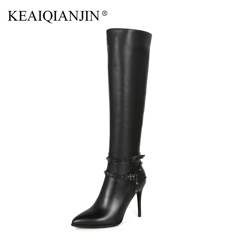 

KEAIQIANJIN Woman Genuine Leather High Heel Botas Pointed Toe Winter Rivet Black Shoes Plus Size 33 - 43 Knee High Boots 2017