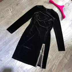 Черные платья для Для женщин осень o-образным вырезом леди платье с длинными рукавами 2018 г. Мода Для женщин s сбоку Разделение платье