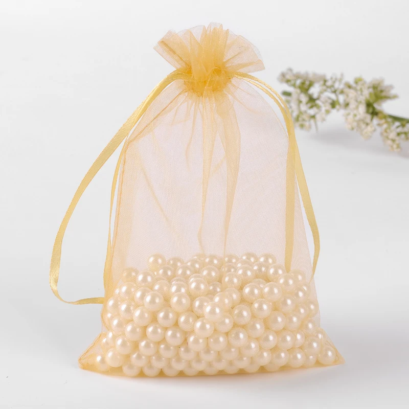 

17x23cm Gold Drawable Organza Jewelry Bags Jewelry Packaging Bags And Tea Storage Bags Organza Sachet 100pcs/lot Wholesale