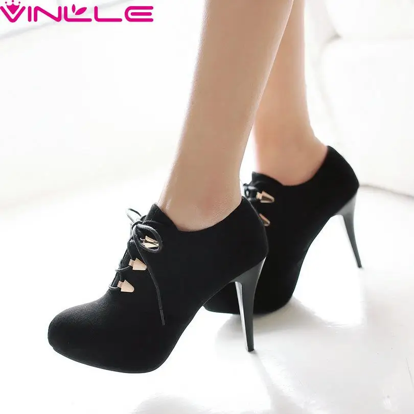 

Lace Up Flock Spring Autumn Platform Shoes Women Thin High Heel  Pumps Lady Round Toe British Style  Sexy Party Shoes  Black