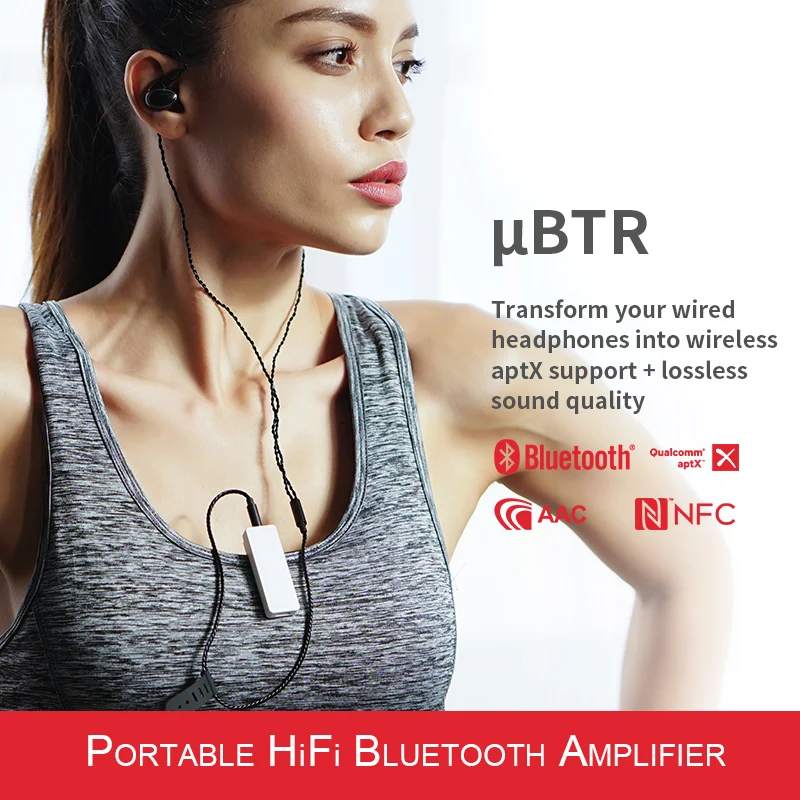 FiiO uBTR Bluetooth 4,1 спортивный аудио музыкальный беспроводной приемник с поддержкой aptX/AAC/NFC и Micphone, Vol управление для автомобиля/телефона