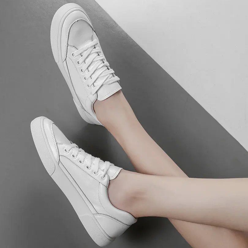 

EshtonShero Spring Women's White Shoes Woman Flats Leather+PU Flat Heels Round Toe Fashion Ladies Casual Shoes Size 4-8