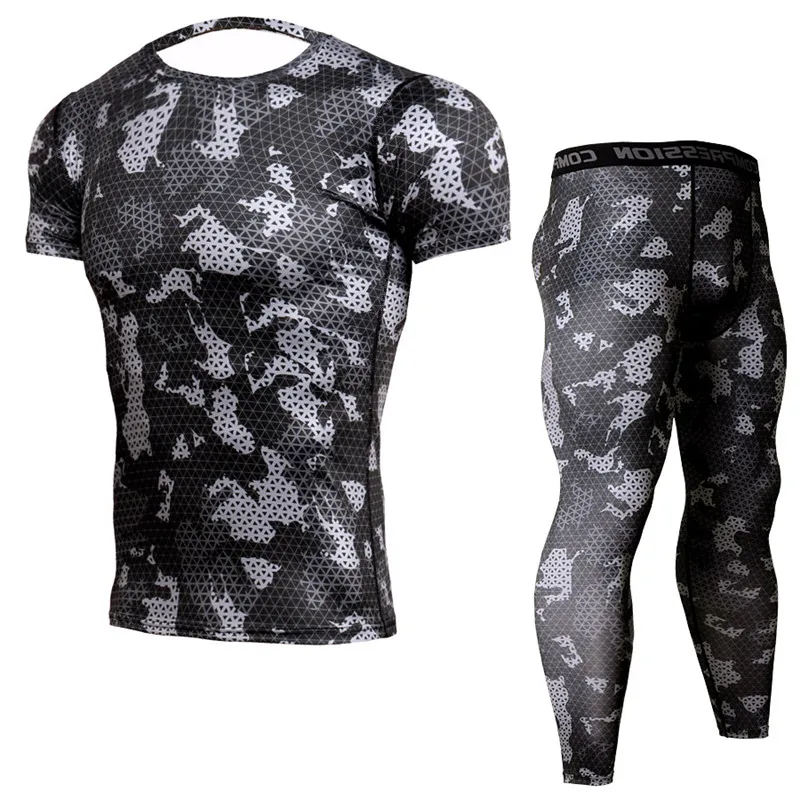 

Men's bodybuilding Suits Jogging Compression Mens Sports Suits Camouflage Short Sleeve Shirt Pants MMA Fitness T-shirt Clothing