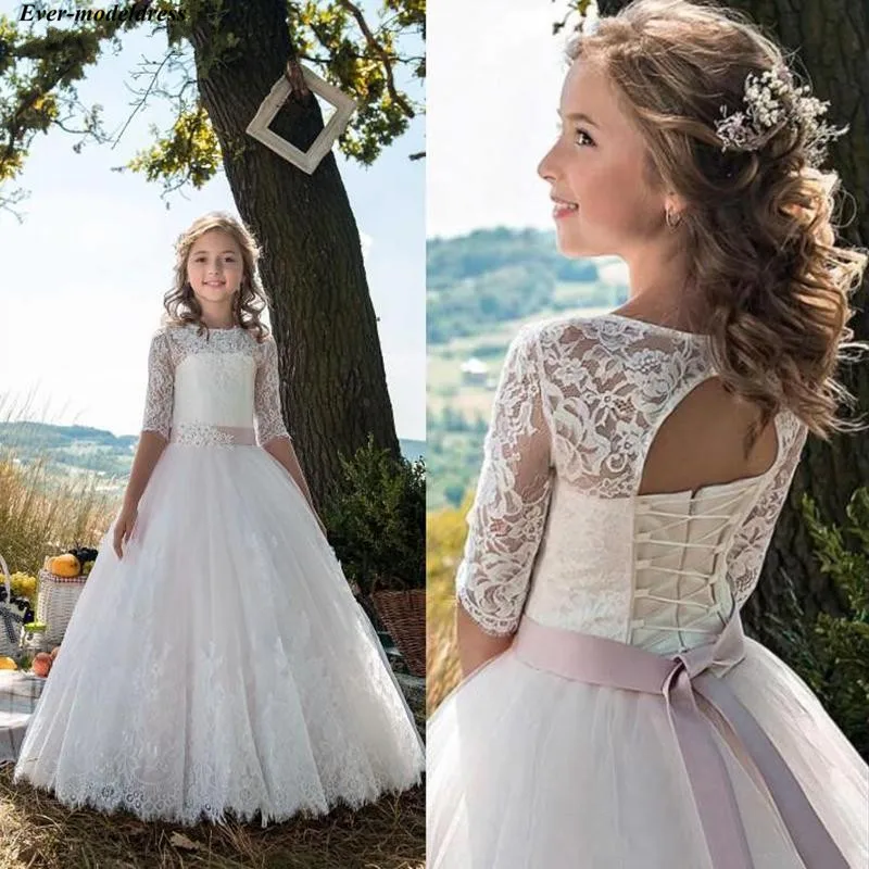 

Gorgeous Flower Girl Dresses for Weddings A-Line Half Sleeves Floor Length Lace Up Back Long First Communion Pageant Gowns 2019
