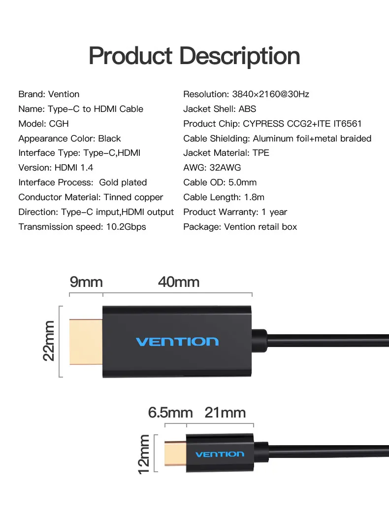 Vention USB C к Hdmi кабель Поддержка 4K* 2K для Macbook Google Pixel samsung S8 type-c к HDMI 1,8 M USB 3,1 type c к Hdmi адаптер