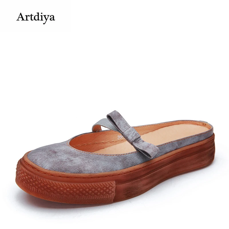 

Artdiya Original 2018 Summer New Retro Genuine Leather Women Slippers Handmade Butterfly-knot Flat Soft Sandals 388-38