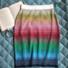 Хлопчатобумажная юбка миди градиентного цвета с эластичной талией-осень Женская трикотажная юбка радужного цвета