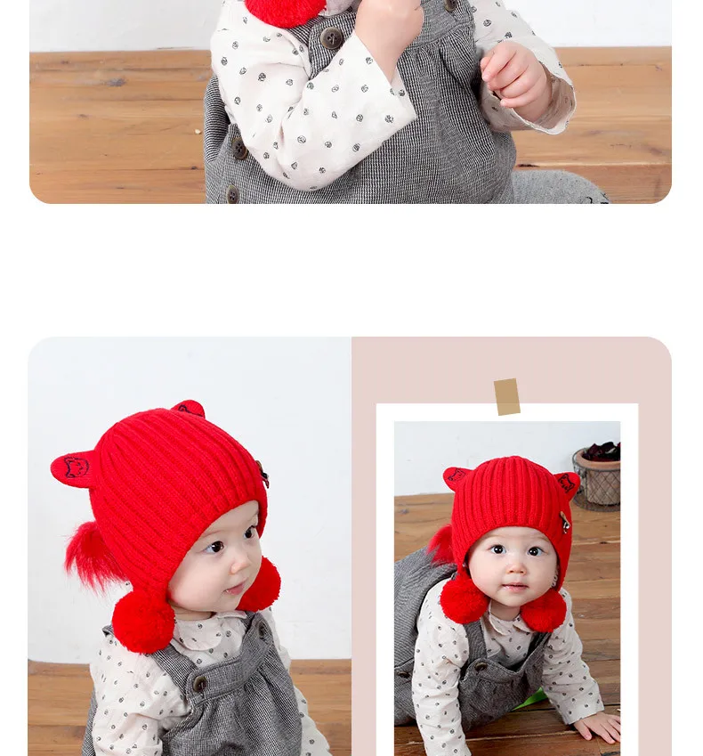New Baby Knit Hat Autumn And Winter Thickening Female Baby Winter Hat  With Hair Ball Newborn Wool Hat Out Of The Ear Cap GCG42 (6)