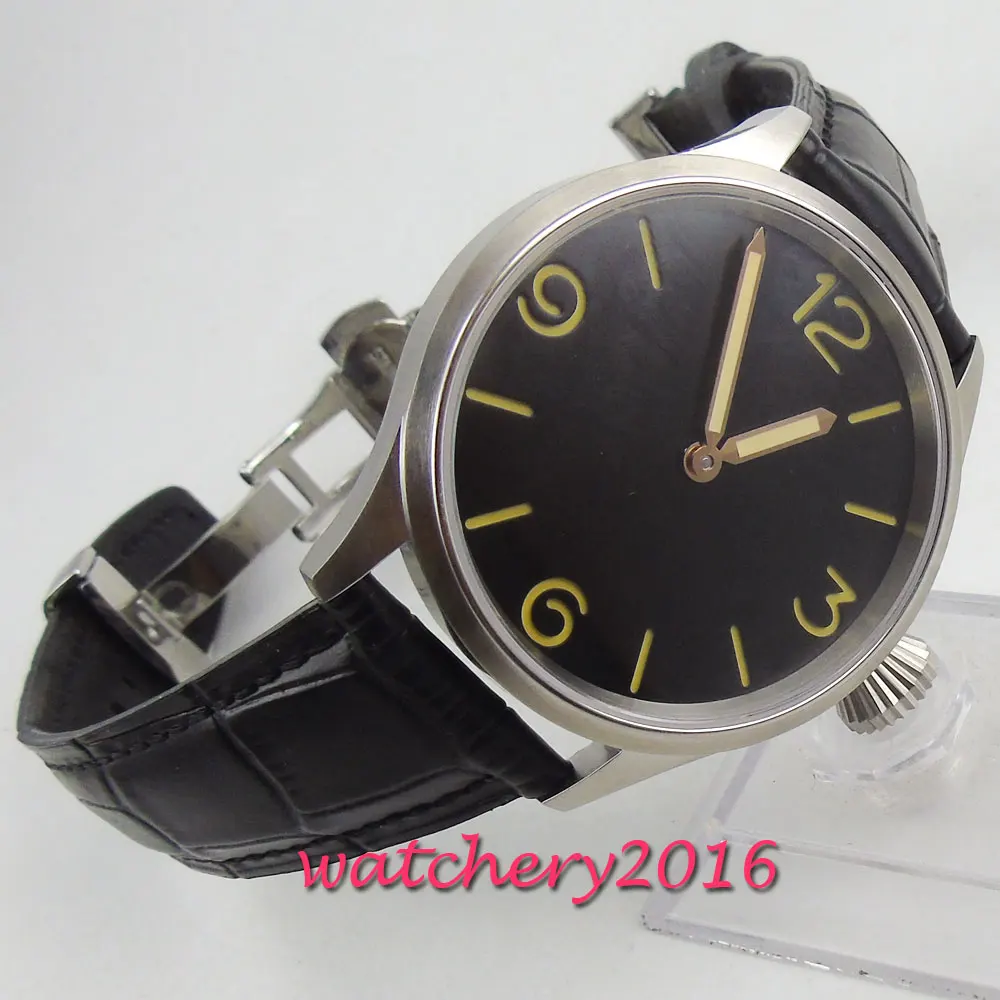 

43mm PARNIS Black Sterile Dial Stainless steel Case Deployment clasp Hand Winding movement men's Watch