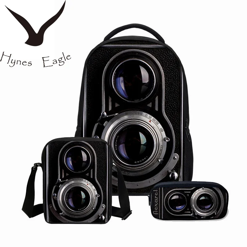 

Hynes Eagle Men's Backpack 3 PCS/SET School Bags 3D Camera Printing Bookbag Children Shoulder Bag Boys Cool Canvas Backpack