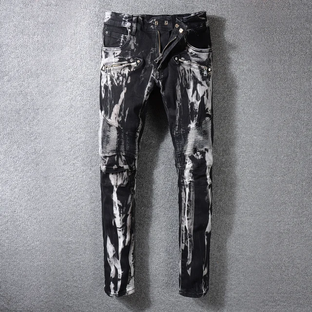 High Street Fashion Men Jeans Black Color White Paint Dirty Washed High Street Fashion Men Jeans Black Color White Paint Dirty Washed Hip Hop Cargo Pants Slim Fit Biker Night Club