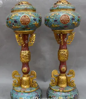 

44CM Cloisonne Bronze 24K Gold Gilt Dragon Beast Bat Incense Burner Censer Pair