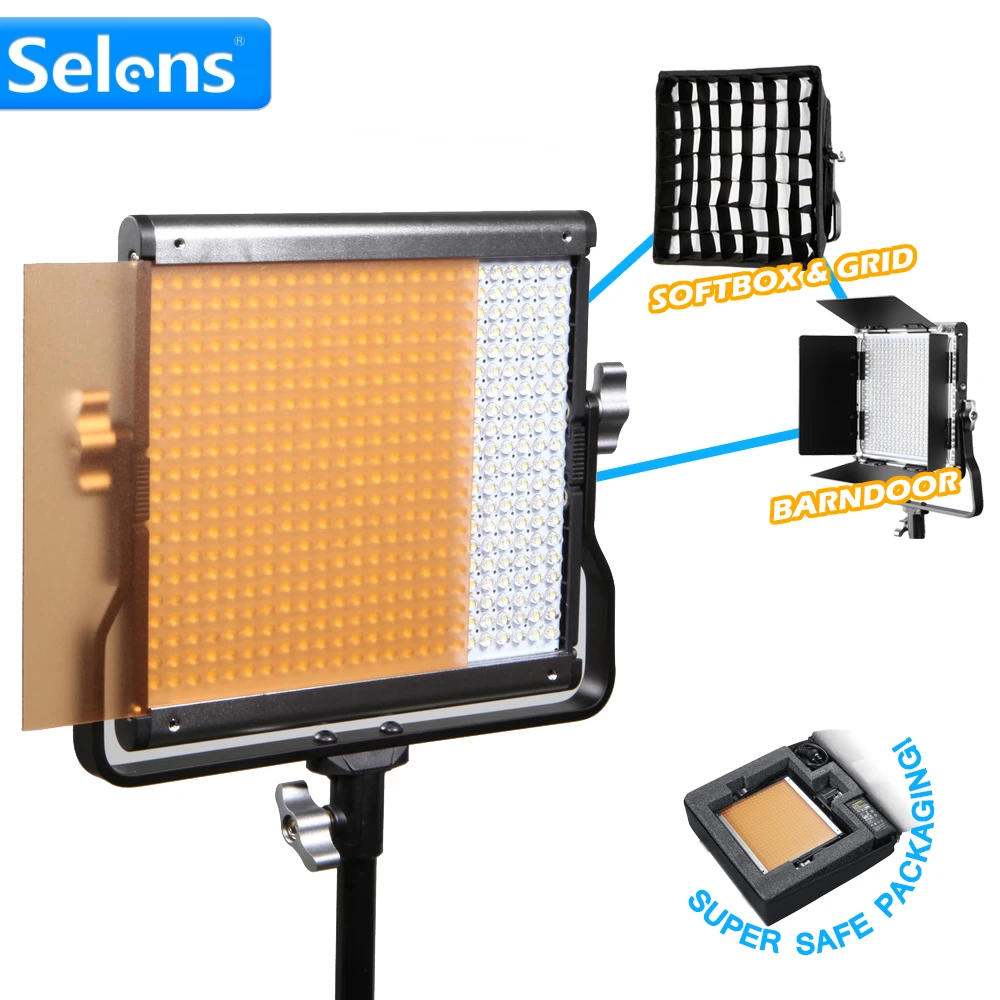 

Selens GE-500 96% CRI 5600K 3200K Stepless Dimmable Video LED Light Aluminum Shell with Diffuser Honeycomb Grid Barndoor