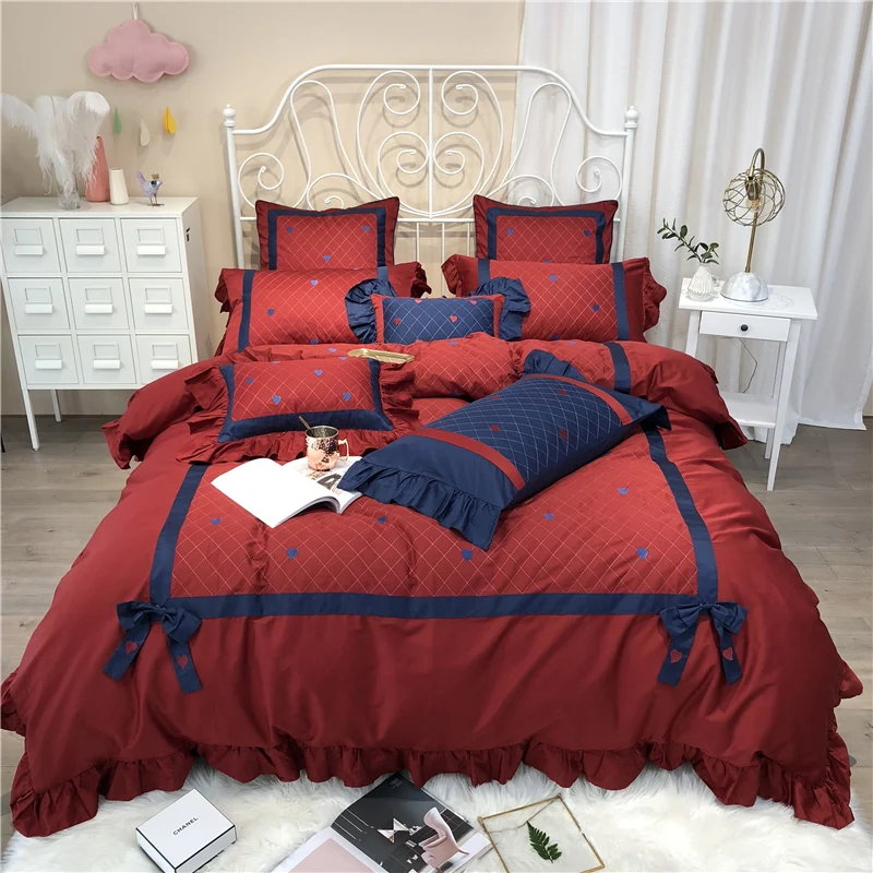 Luxury Egypt Cotton Sweet love Bedding Set Embroidery Ruffles Duvet cover Bed Sheet Pillowcases