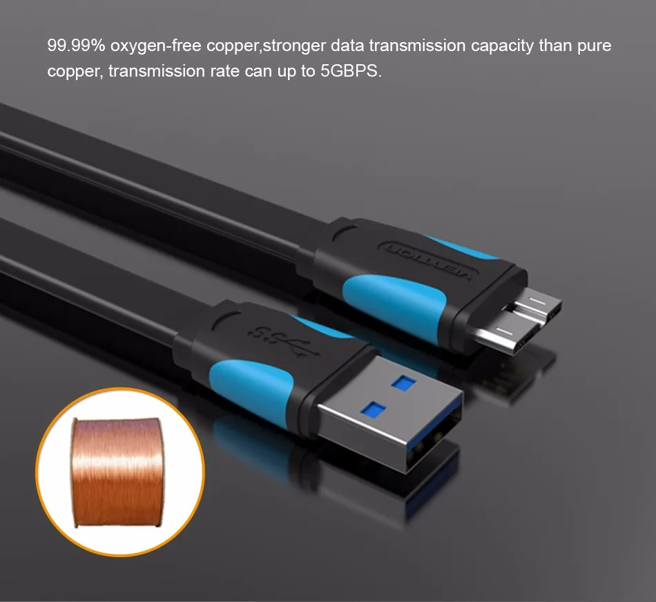 Vention Высокоскоростной USB 3,0 A к Micro-B плоский кабель, кабели передачи данных для портативного жесткого диска Galaxy Note3 Galaxy S5