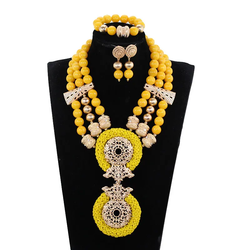 Latest Deep Yellow Beaded African Costume Jewelry Set Wedding Bib