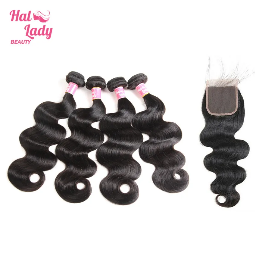 Halo Lady Beauty 4 Bundles Peruvian Body Wave Human Hair with Closure