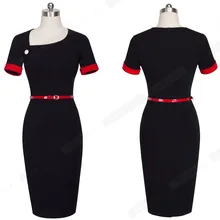 Retro Pure Black Formal Office Dress Women Irregular Neckline Short Turn-Down Sleeve Button Sashes Bodycon Midi Dress B350
