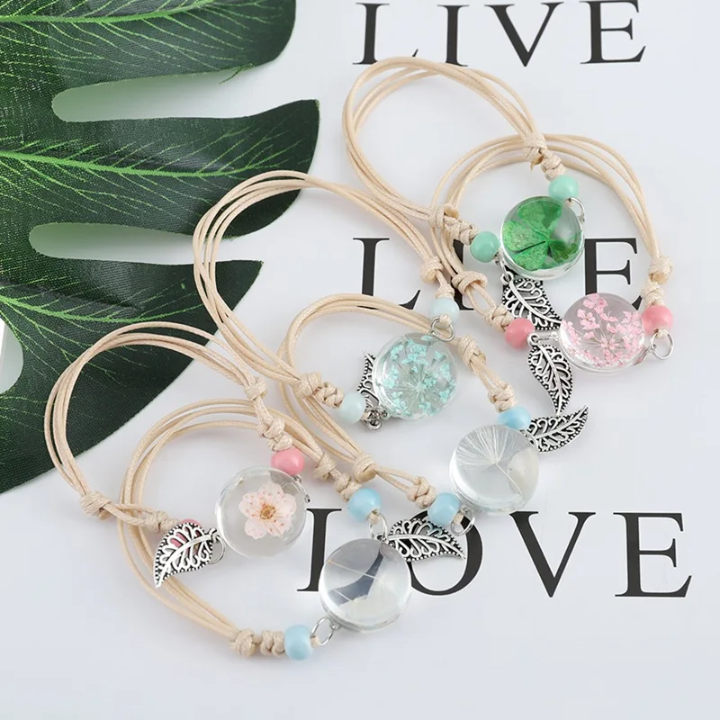 

Weave Multilayer Leather Bracelet Lucky Leaf Clover Flower Boho Vintage Charm Bracelet Crystal Glass Ball Charm Bracelet Women