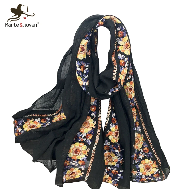 

Marte&Joven Elegant Flower Embroidered Cotton Scarf Stoles for Women Fashion Autumn Winter Large Size Warm Pashmina Shawls Wraps