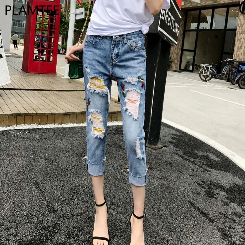 

PLAMTEE Ripped Jeans For Women Mesh Stitching Denim Pants 2017 Summer Hole High Waist Jeans With Embroidery S~XL Trousers Female