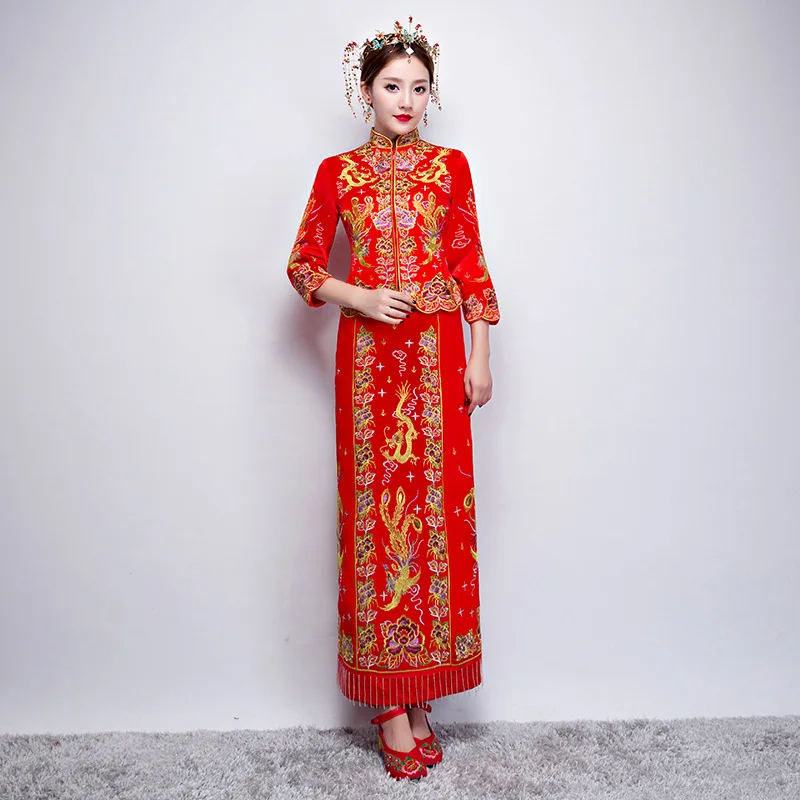 

New Red Traditional Chinese Clothing Women Tradition Ladies Embroidery Cheongsam Qipao Wedding Oriental Evening Dress Robe