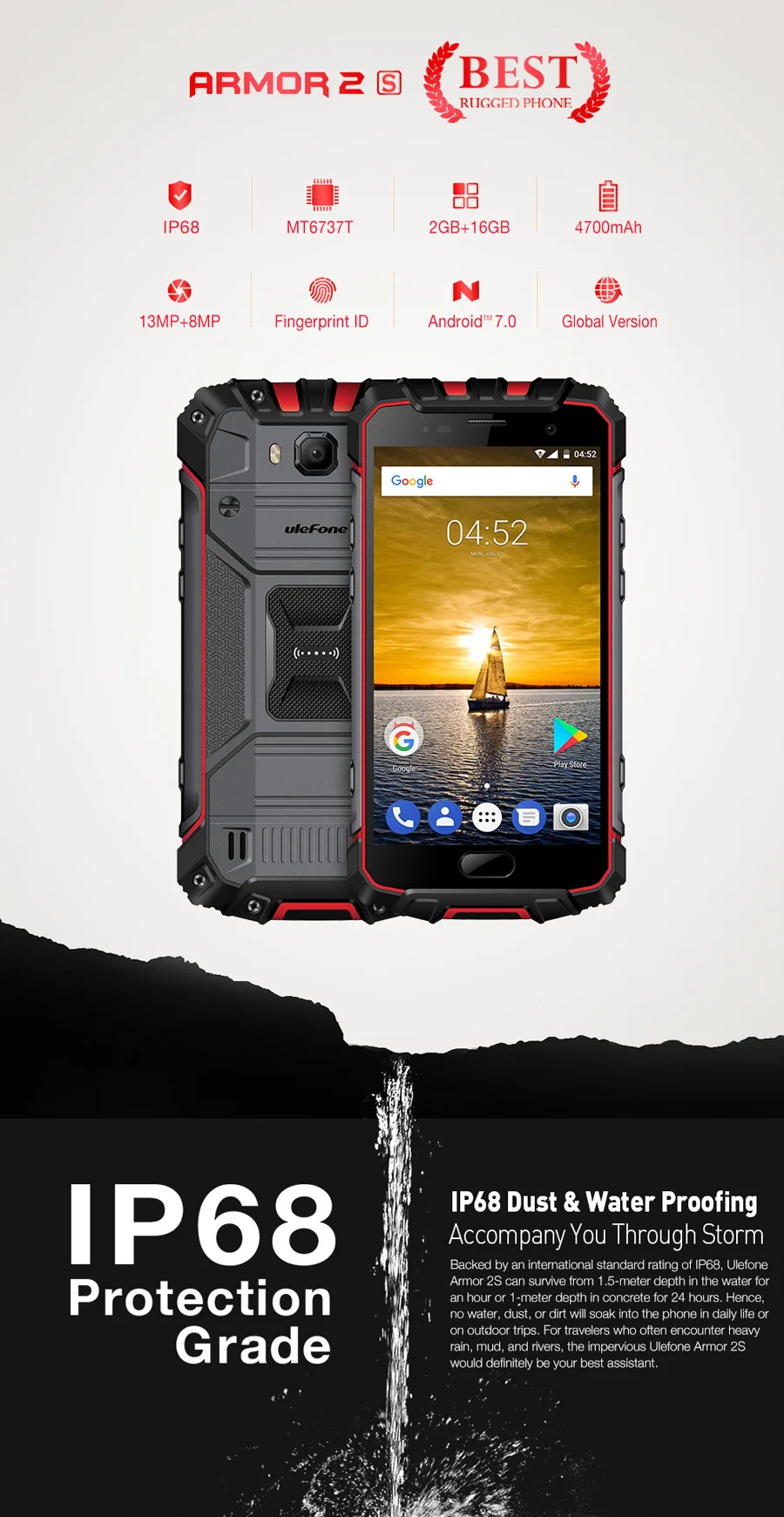 Ulefone Armor 2S 4G LTE мобильный телефон 2 Гб ОЗУ 16 Гб ПЗУ Android 7,0 MT6737T четырехъядерный 5," FHD IP68 водонепроницаемый мобильный телефон