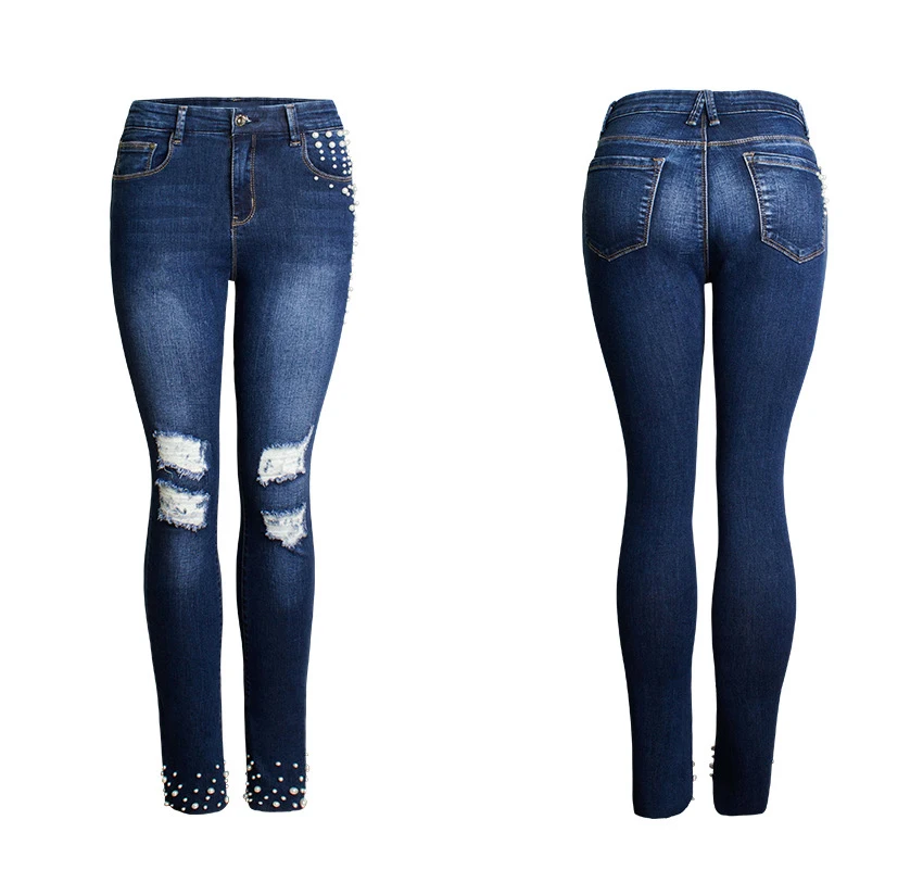 European station Europe and the United States new hole pearl cat toe cowboy high waist pants feet beaded straight jeans (16)
