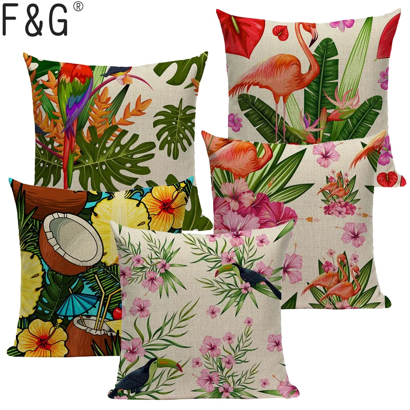 buy Plant Cushion Cover Tropic Tree Green Throw Pillow Cover Flamingo Bird Decorative Pillows Flower Cushion Cover for Sofa Car