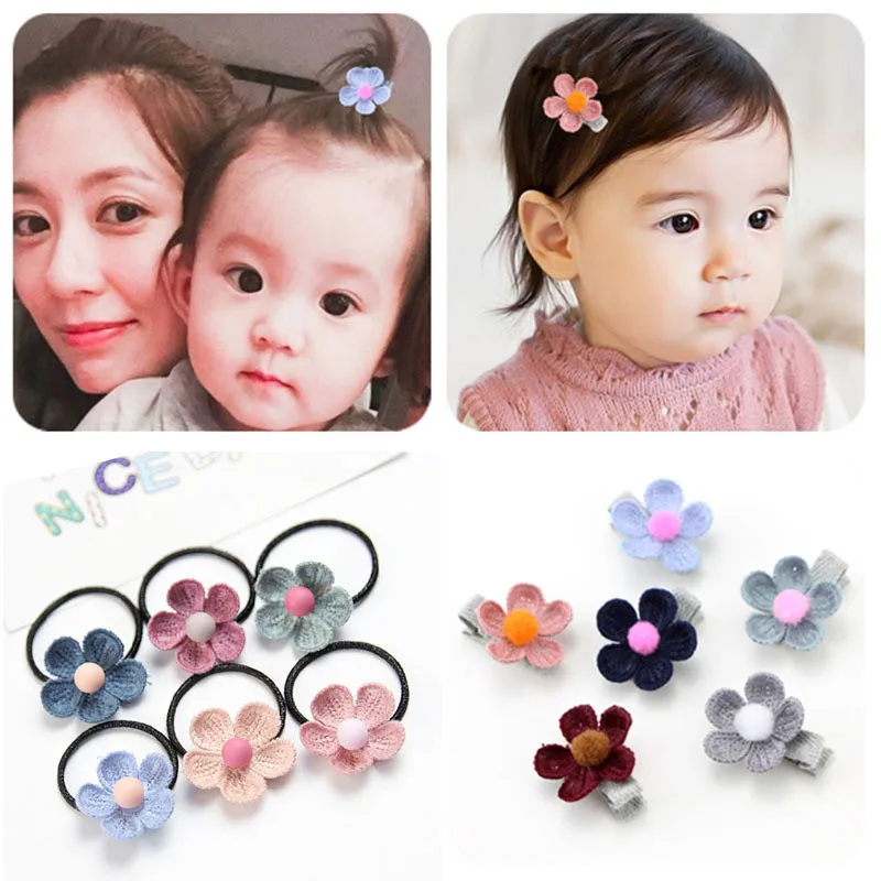 

3 Pcs Children Knitted Flower Hair Clips Elastic Hair Rubber Bands Ball Ribbon Barrettes Girls Cute Hair Gum Clamps Accessories