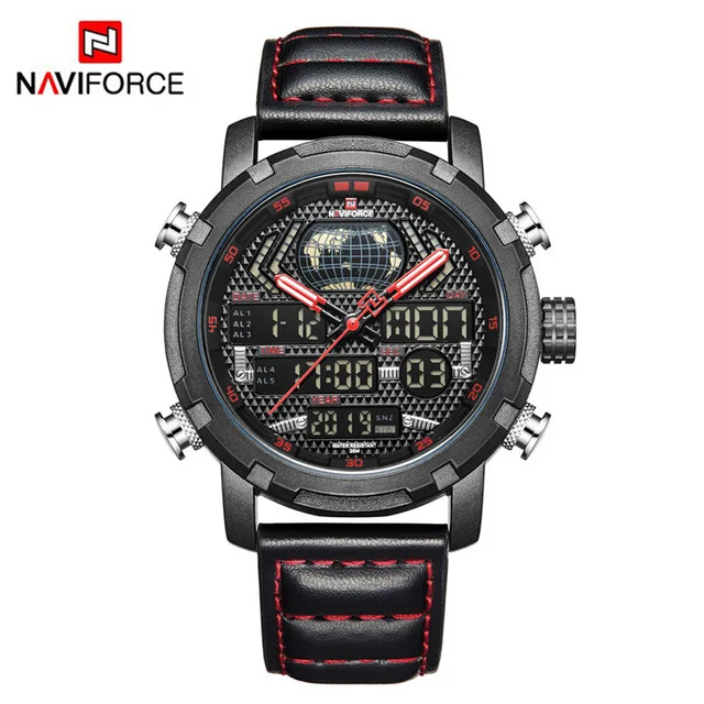 Новые мужские часы NAVIFORCE, Лидирующий бренд, роскошные спортивные часы для мужчин, кожаный ремешок, 30 м, водонепроницаемые наручные часы с дисплеем - Цвет: black red