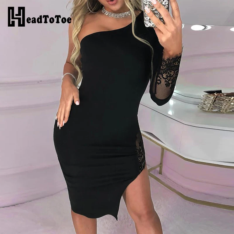 

Women Lace Insert Slit Cocktail Party Bodycon Dress Female Sexy One Shoulder Midi Dress Long Sleeve Dress Vestido De Fiesta 2019