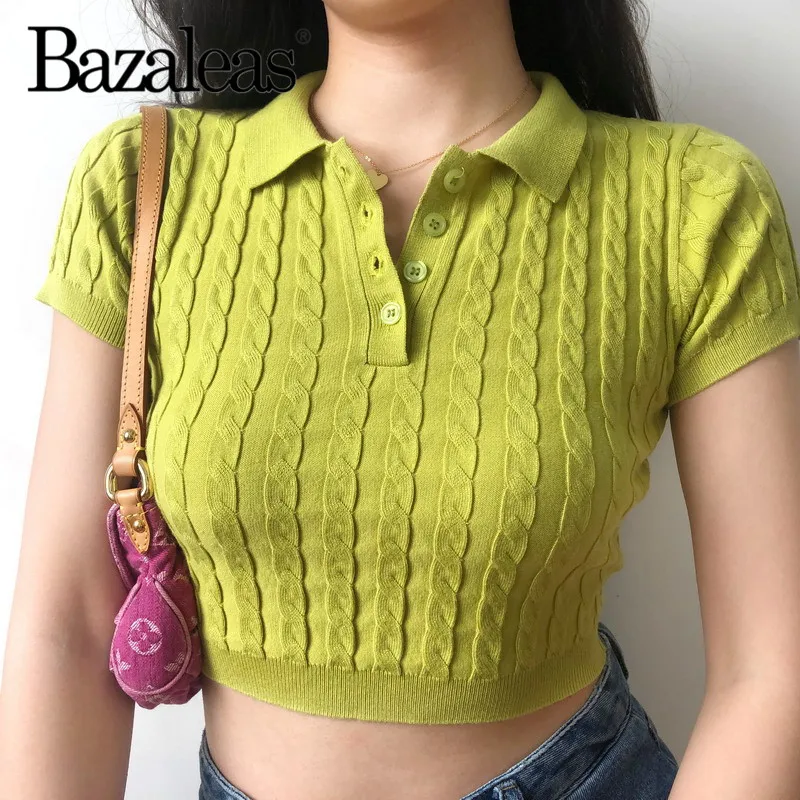 Bazaleas Твист вязаная зеленая женская футболка винтажный отложной воротник пуговицы короткий Модный Топ Футболка Повседневная женская футболка