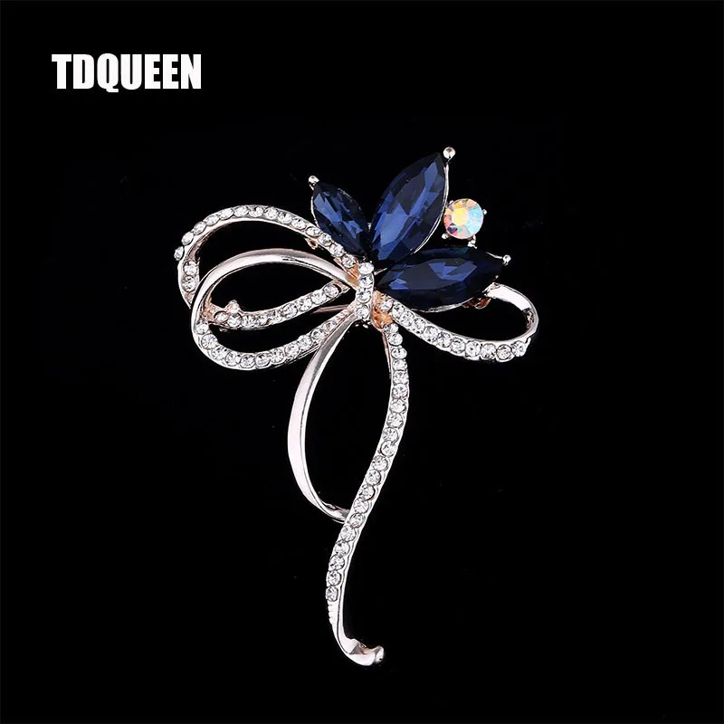 

TDQUEEN Big Bowknot Brooch Gold Color Metal Black and Blue Crystal Pins and Brooches Rhinestone Large Bow Brooch for Women