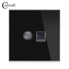 Coswall кристальная панель из закаленного стекла RJ45 CAT5E интернет-разъем с ТВ-розеткой настенная компьютерная розетка черная серия R11