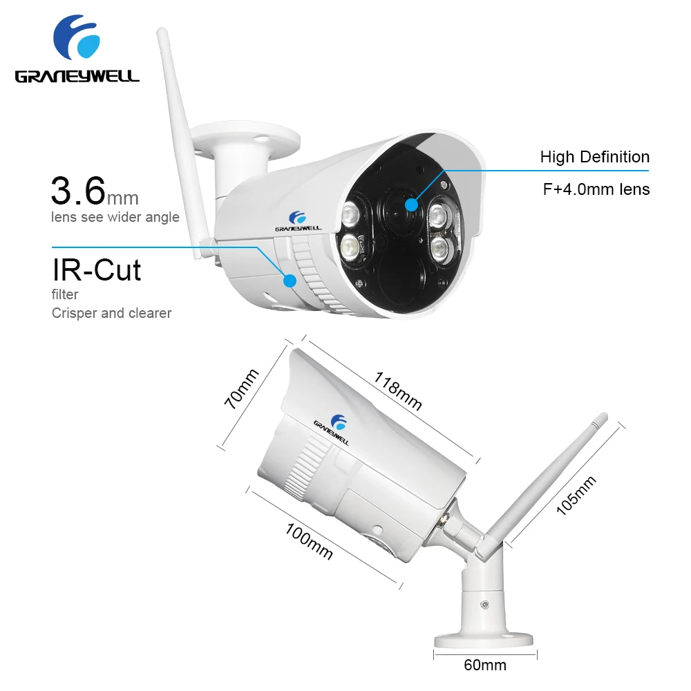 Graneywell Wifi IP Camera 1080P Smart Color NightVision Outdoor Wireless Weatherproof Indoor Security SD Card Camera(2 packs)