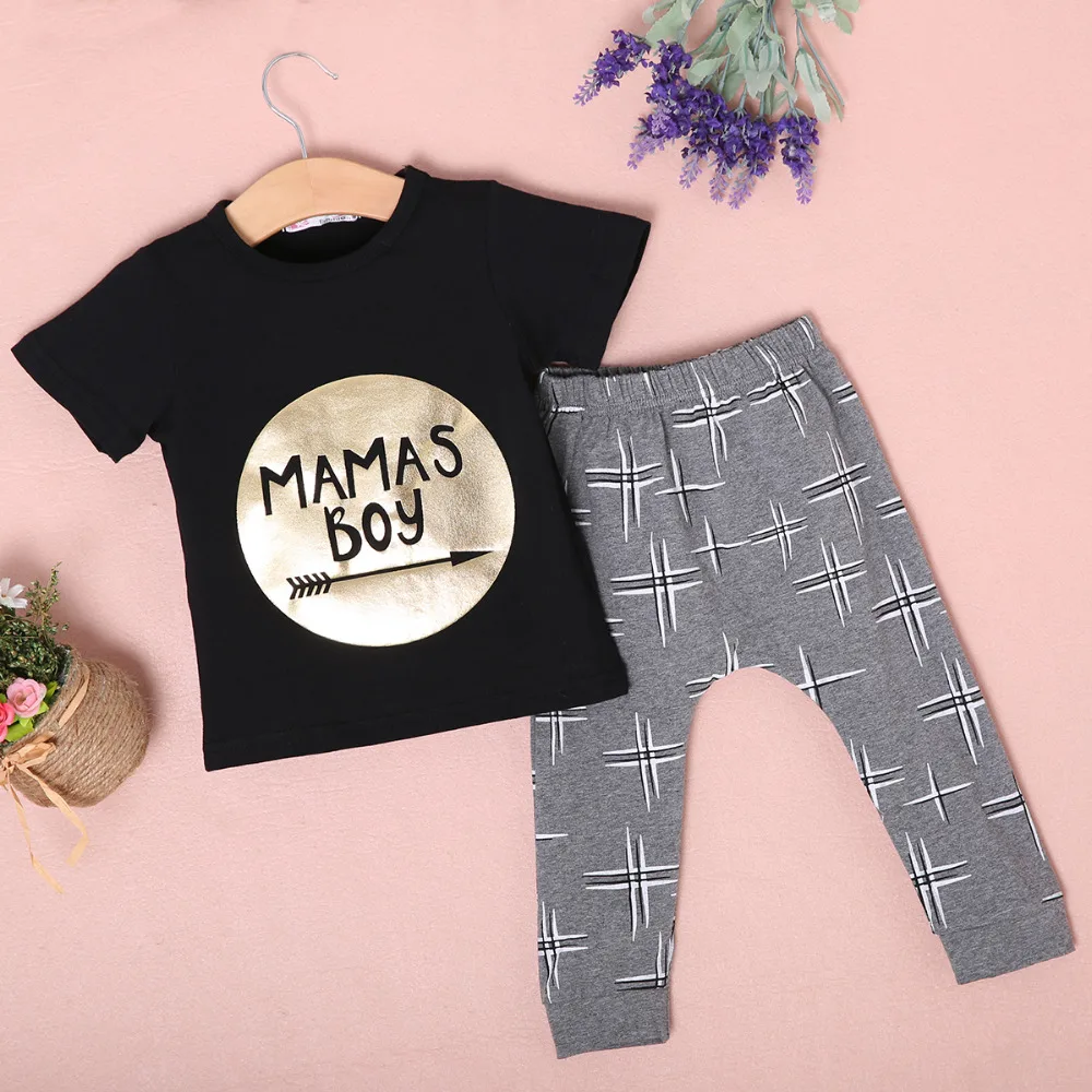 

2Pcs Newborn Toddler Baby boys girls Infant Clothes Golden Letter Mamas Boys Printed Jumpsuit Outfit Sets 0-24M UK