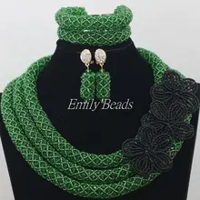 Женская мода нигерийский Свадебный комплект украшений в африканском стиле наборы темно-зеленые стразы, бисер Ювелирные наборы AIJ285