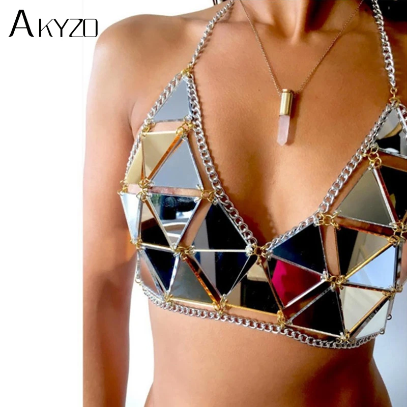 AKYZO, трёхсторонний акриловый зеркальный укороченный топ ручной работы в стиле пэчворк, летние открытые сексуальные женские вечерние пляжные майки с серебряной металлической цепочкой