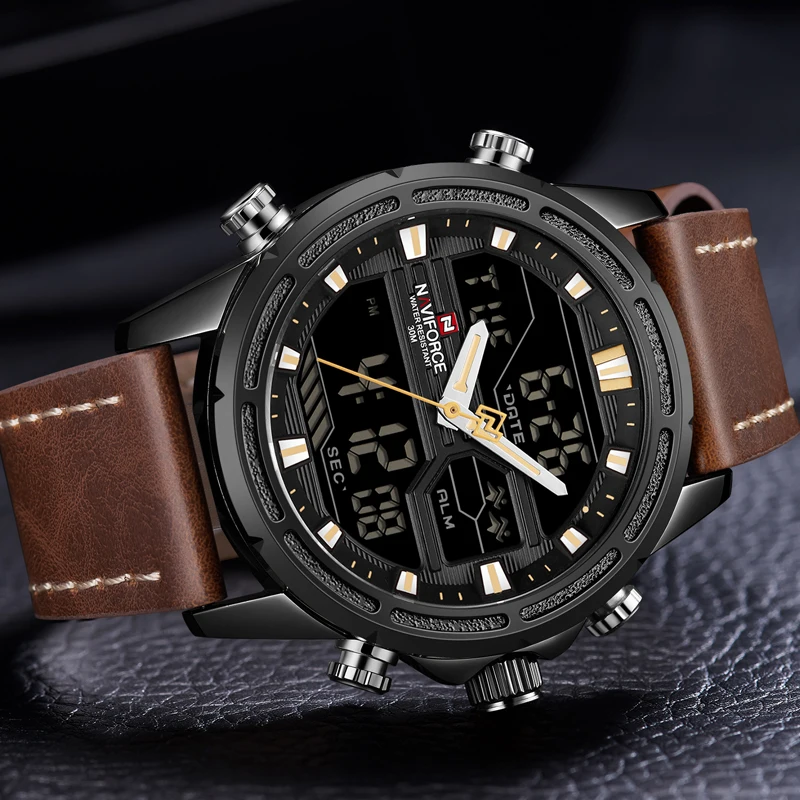Cena NAVIFORCE mężczyźni zegarki do luksusowej marki męskie skórzane zegarki sportowe męskie kwarcowy LED zegar cyfrowy wodoodporny wojskowy zegarek na rękę
