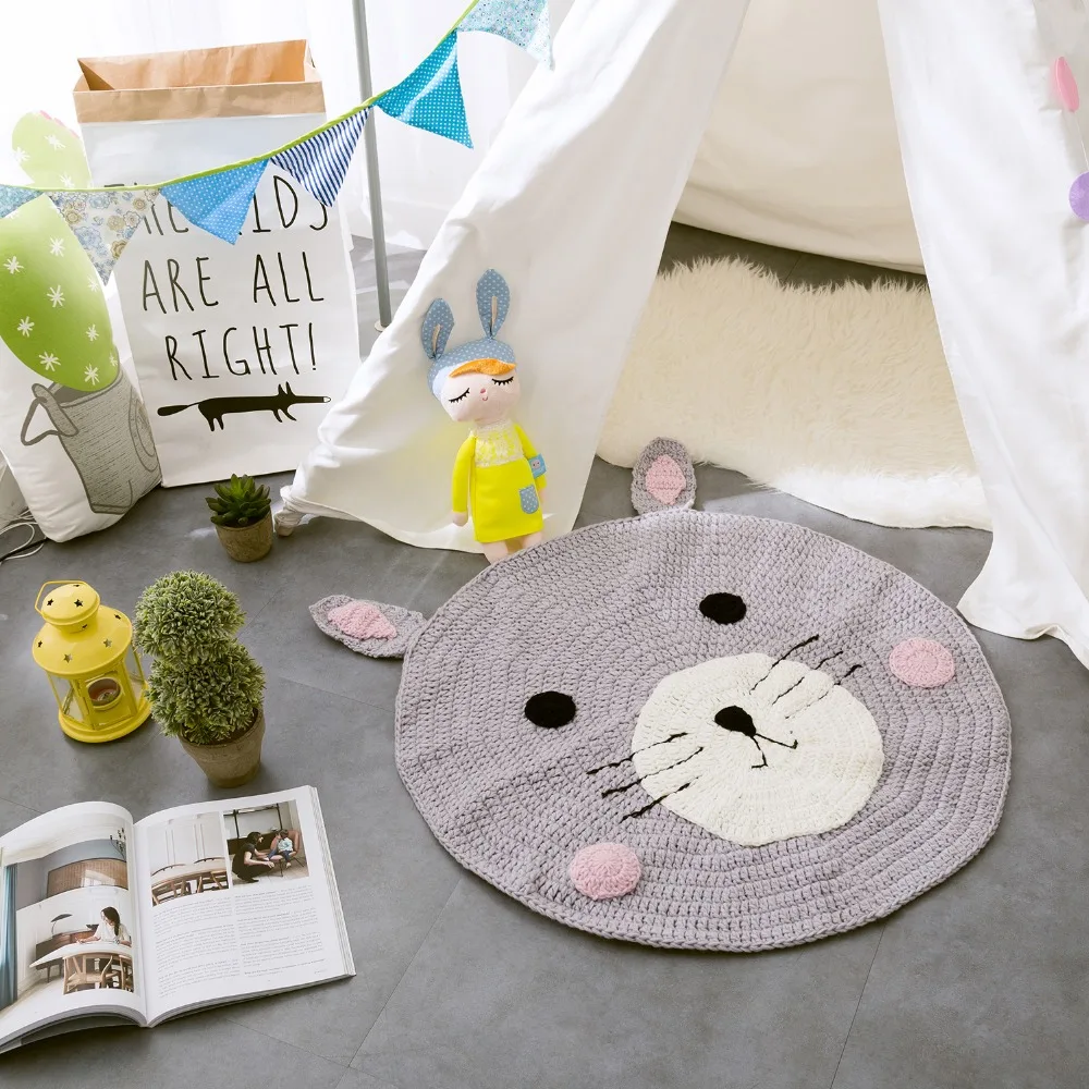

Cartoon Hand Woven Carpet Acrylic Fox/Bear Animal Mat European Round Mats Bedroom Decor Kids Room Play Rug Knitting carpet 80cm