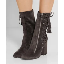 Новая Мода Зима Круглый Сторона Ног крест Кружева Кисточкой Передняя Zip Квадратный Каблук Лодыжки Над Коленом Wom