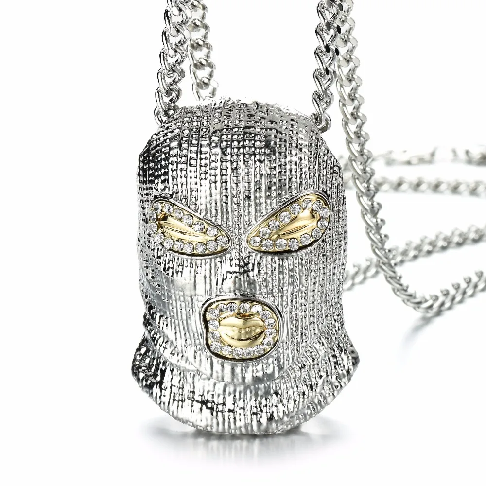 

Hip Hop CSGO Pendant Necklace Rock Style Bling Ice Out Rhinestone Gold Silver Black Mask Head Charm Men Jewelry Gift