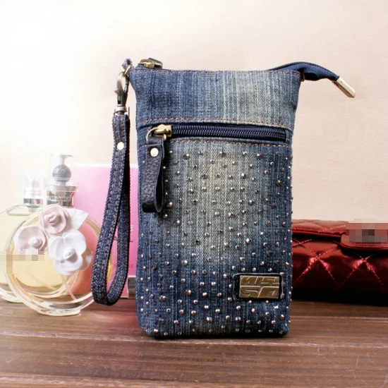 womens handmade blue jeans denim clutch handbag purse simple lovely design mobile phone pouch with handle+long shoulder strap |