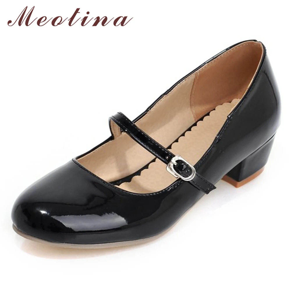 Meotina Women Shoes Low Heels Mary Jane Classics Ladies Shoes Pumps Autumn Round Toe Square