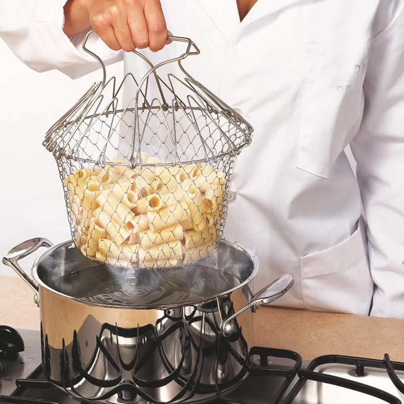 

Chef Basket Stainless Steel Foldable Steam Rinse Strain Fry Basket Strainer Net Kitchen Cooking Tool for Fried Food 25
