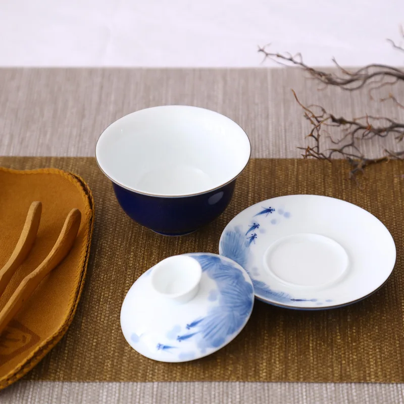 1 gaiwan+ шесть чайных чашек, ручная роспись, фарфоровая чашка для чая, голубая глазурь, под глазурью, цветная супница, китайский набор для кунг-фу, Новинка