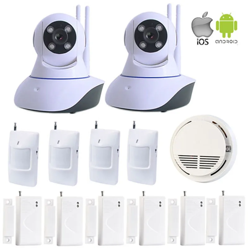 WIFI IP Camera Home Security System Wireless Indoor Remote Control Monitoring PTZ 433MHz Smoke Detector Door /Motion Sensor W11J